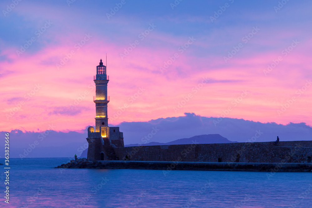 The Venetian or Egyptian lighthouse at the Old Port of Chania, in Crete island, Greece.