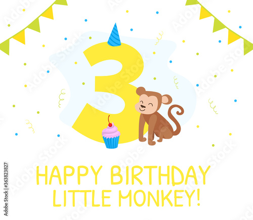 Happy Third Birthday Card, Birthday Anniversary Number with Cute Little Monkey Animal, Banner, Poster or Invitation Template Cartoon Vector Illustration