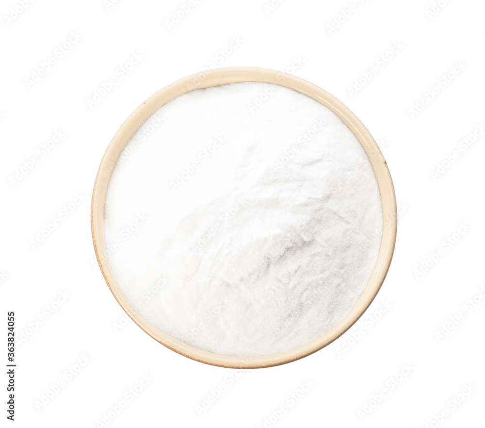 Bowl with baking soda isolated on white, top view Bowl with baking soda isolated on white, top view
