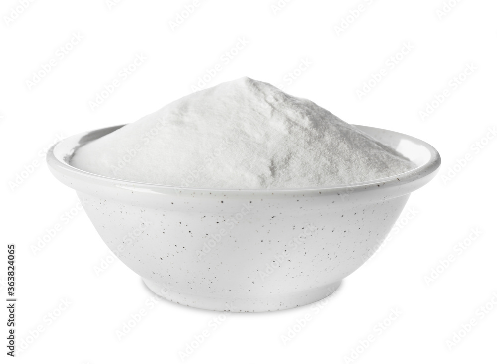 Baking soda in ceramic bowl isolated on white Baking soda in ceramic bowl isolated on white