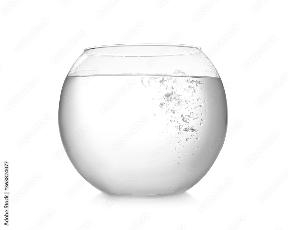 Round fish bowl filled with water on white background Stock Photo