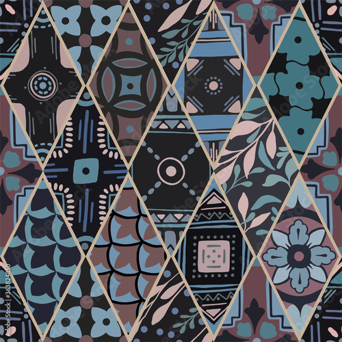 Colorful floral seamless hand drawn ornamental east pattern in patchwork boho chic style from rhomb, in portuguese and moroccan motif