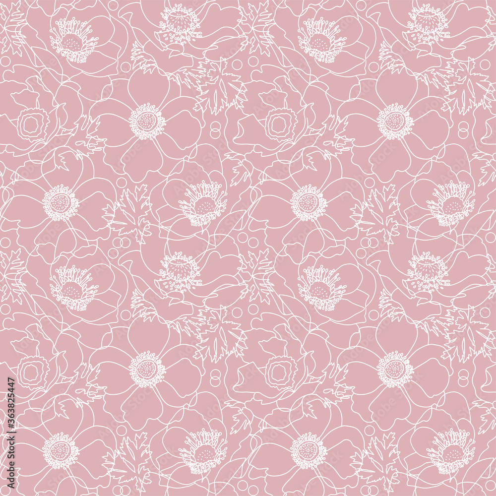 Vector powdery pink lace flowers poppy elegant seamless pattern background with hand drawn white line art floral elements.