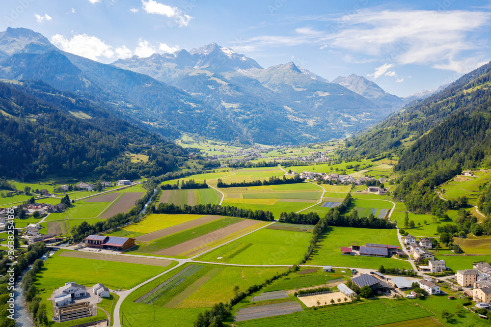Poschiavo valley, Switzerland, aerial view of the village of Le Prese