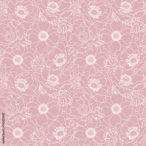Vector powdery pink lace flowers poppy elegant seamless pattern background with hand drawn white line art floral elements.