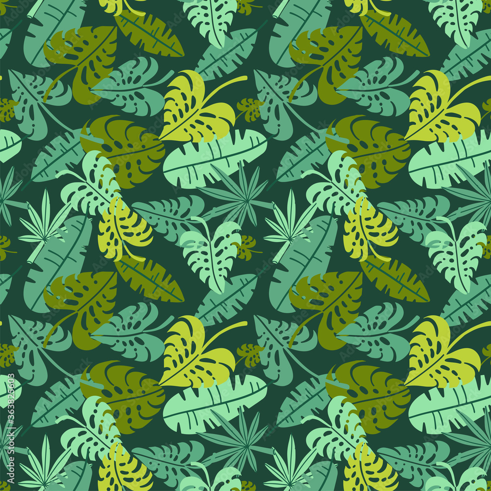 Abstract jungle print with silhouettes of paradise island foliage ...