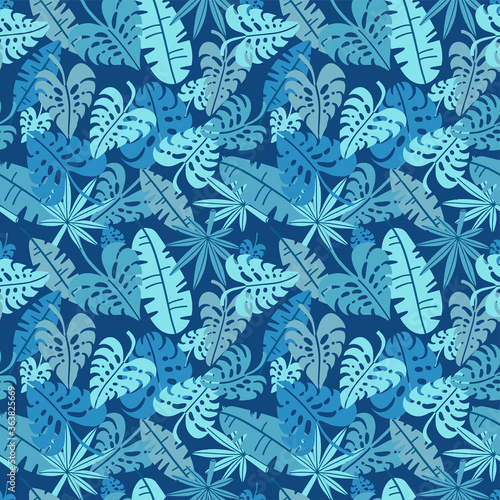 Tropical seamless pattern, palm leaves floral background. Exotic plant leaf print illustration. Summer blue jungle print. Leaves of palm tree on paint lines. Flat hand drawn vector design