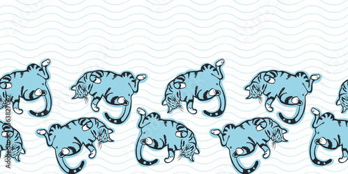 Vector cute hygge geometric cat border. Hand drawn cartoon style design on wavy summery background. Greeting card, gift wrap, cozy comic style. Modern brush design on striped background. Perfect for