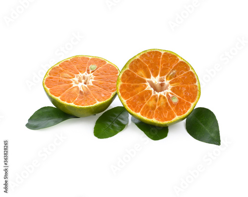 tangerine or mandarin fruit with leaves isolated on white background