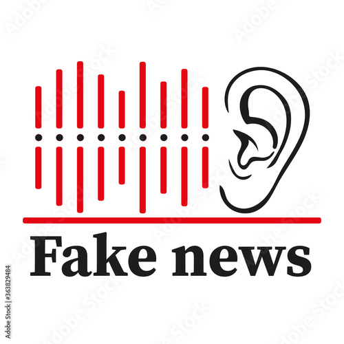 Lying fake news icon. Ear hears lies badge. Dissemination of false information in newspapers, on Internet and on tv, journalistic deception concept. Flat modern style vector illustration on white.