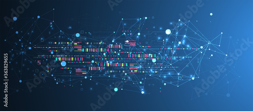 Abstract technology concept with plexus effect. Circuit board, high computer color background. Vector illustration with space for content, web - template, business tech presentation.