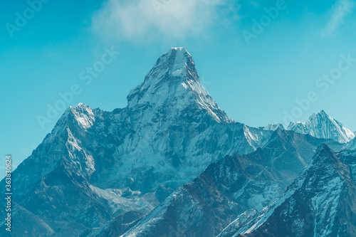 Beautifull Himalaya, Ama Dablam landscape from the footpath on the Everest Base Camp trek in the Himalaya, Nepal. Himalaya landscape and mountain views.