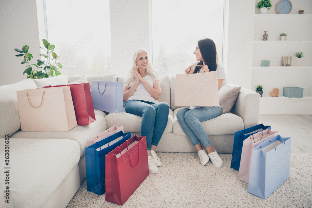 Portrait of positive cheerful retired woman sit cozy couch on floor many shopping bags her daughter give present for 8-march leisure celebration in room house indoors Portrait of positive cheerful retired woman sit cozy couch on floor many shopping bags her daughter give present for 8-march leisure celebration in room house indoors