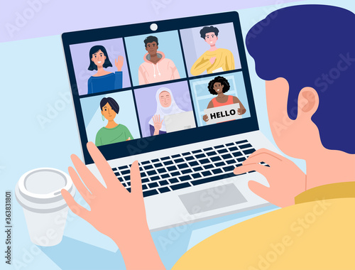 Video conferencing at home, Close-up man having video call meeting with fhis colleagues at home. Vector