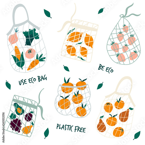 Set of reusable mesh bags with organic vegetables. No plastic concept