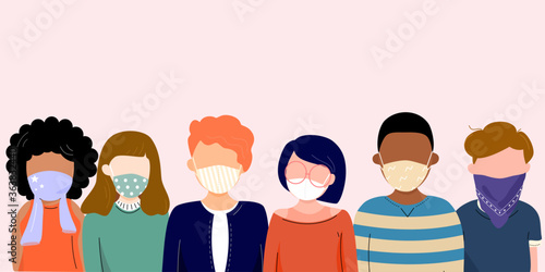 Group of people wearing cloth face covering or fabric mask to protect and help slow spread of Covid19 or Coronavirus, disease, flu, air pollution and contamination. Diverse people. Vector illustration