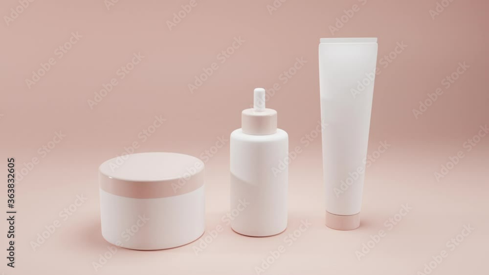 Set of three empty white plastic containers on beige background. Skin and body care, lotion for moisturizing, mask for health therapy, jar with face cream. Realistic 3d layout of cosmetic packaging. Set of three empty white plastic containers on beige background. Skin and body care, lotion for moisturizing, mask for health therapy, jar with face cream. Realistic 3d layout of cosmetic packaging.
