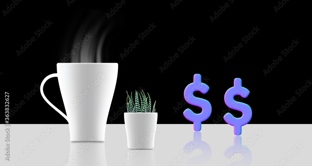 White cup coffee on table concept business finance background 3D design White cup coffee on table concept business finance background 3D design