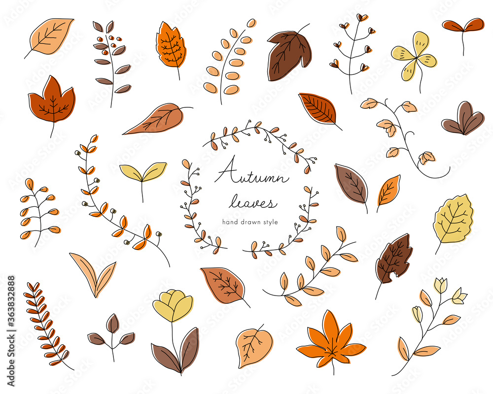 手書きの秋の葉のイラストのセット 紅葉 もみじ 素材 オレンジ Stock Vector Adobe Stock