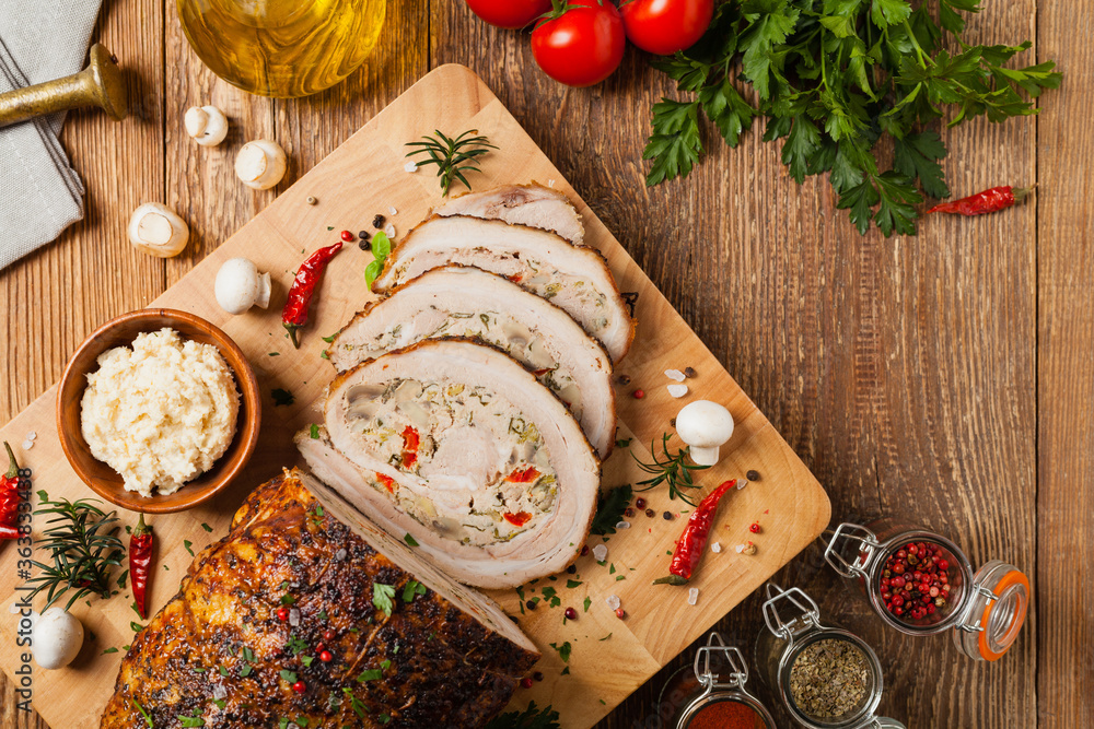Baked whole bacon. Roulade with minced meat, mushrooms and paprika. Baked whole bacon. Roulade with minced meat, mushrooms and paprika.