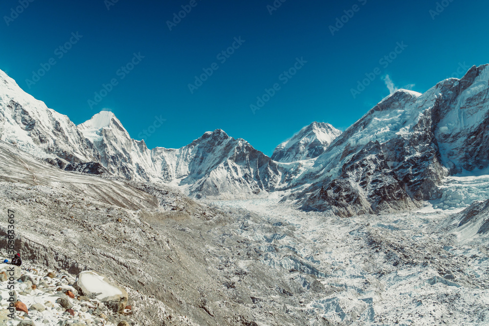 Beautifull Khumbu glacier mountains landscape at the Everest Base Camp trek in the Himalaya, Nepal. Himalaya landscape and mountain views.