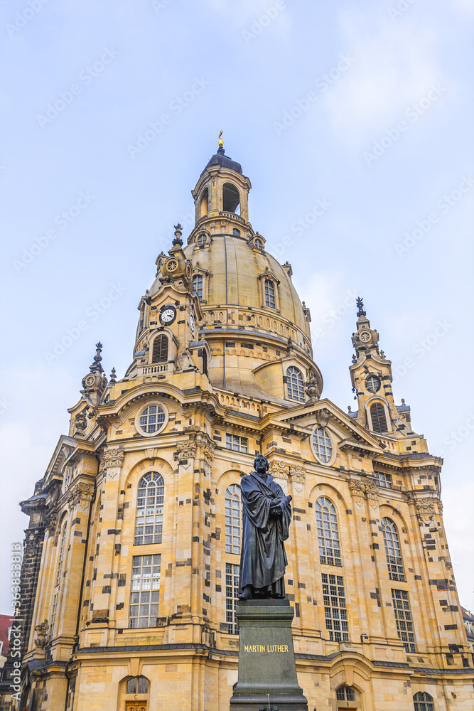 Architectural fragments of the famous Church of Our Lady (Church Frauenkirche) in Dresden, the capital of the German state of Saxony. Dresden, Germany.