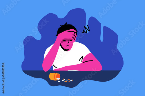 Frustration, depression, addiction, mental stress concept. Depressed frustrated man or guy cartoon character sitting on antidepressants pills. Loneliness emotional problems and bad news illustration.