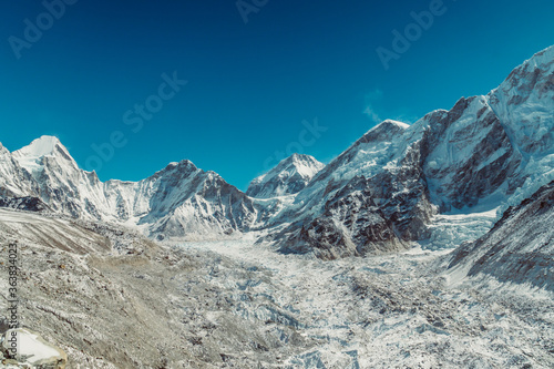 Beautifull Khumbu glacier mountains landscape at the Everest Base Camp trek in the Himalaya, Nepal. Himalaya landscape and mountain views.