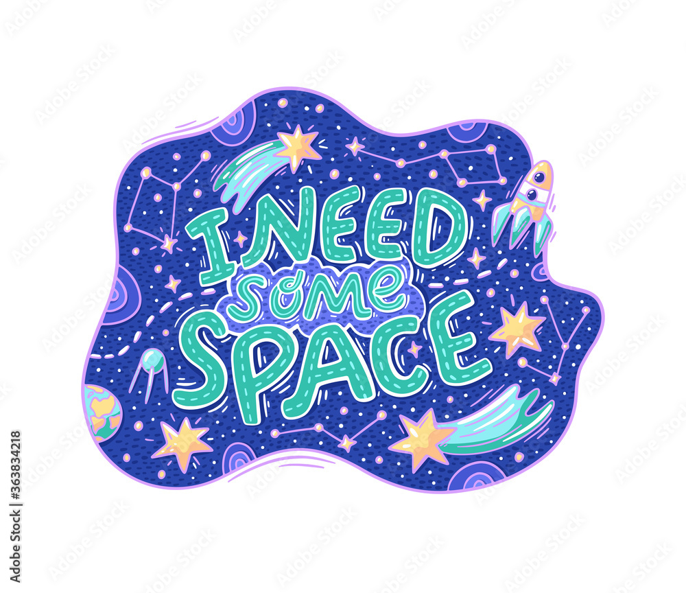 Lovely hand-drawn lettering about space. Vector illustration with stars, planet, spaceship, and other cosmos stuff in doodle style.