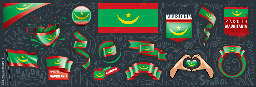 Obraz premium Vector set of the national flag of Mauritania in various creative designs