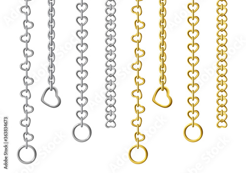 Silver and gold metal chains isolated on white background. Vector set of vertically hanging steel chains with different sizes and shapes of links. Realistic connected stainless rings, upright jewelry.