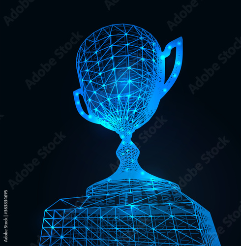 First place award cup with polygonal grid on dark background. Vector illustration photo