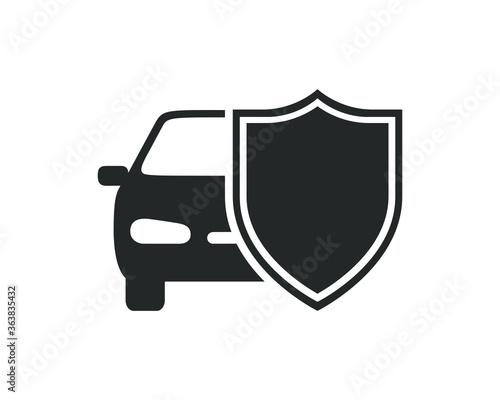 Car behind shield graphic icon. Car insurance sign isolated on white background. Symbol of protections car. Vector illustration