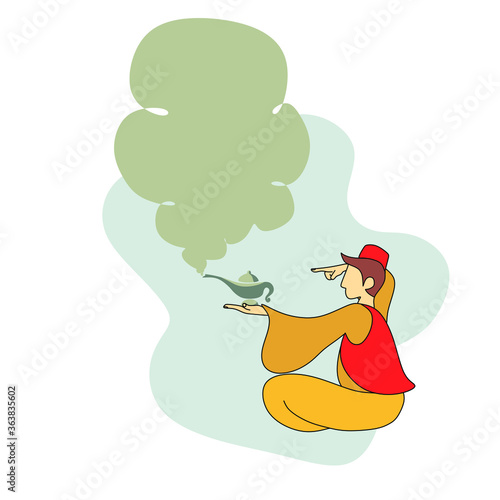 Lamp aladdin magic vector icon smoke. Aladdin genie lamp bottle wish cartoon illustration