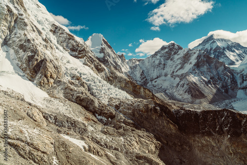 Beautifull Everest and Nuptse mountains landscape from the footpath on the Everest Base Camp trek in the Himalaya, Nepal. Everest and Lhotse view.