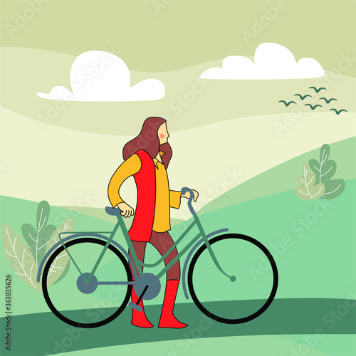 Girl Standing Next to Bicycle, Woman riding bike. Cute sportswoman on bicycle isolated on white background. Female bicyclist taking part in sports race. Concept of cycling, healthy outdoor activity. F