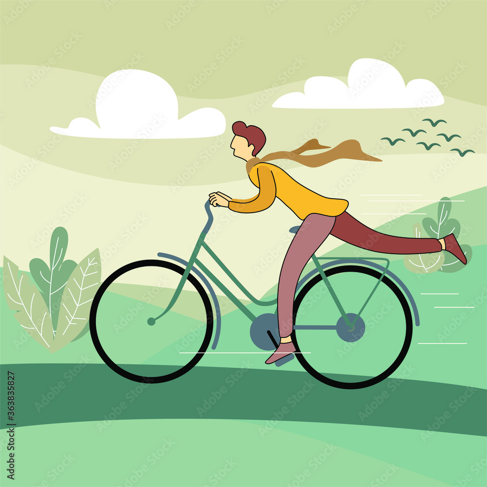 Fun man on bike. Young adult happy cycle riding. Vector character riding on bicycle, like summer lifestyle or training