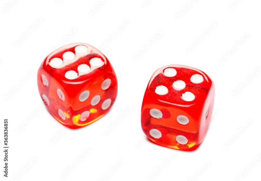 Red gambling dice, die pair for tabletop games and poker isolated on white background with clipping Red gambling dice, die pair for tabletop games and poker isolated on white background with clipping