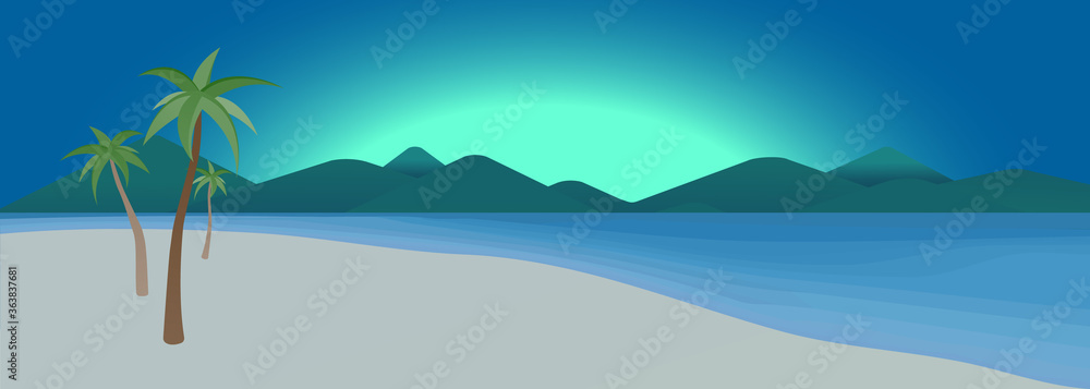 Exotic tropical beach - panoramic landscape with dramatic sunrise or sunset, blue ocean and mountains. Outdoor concept. Tranquil beach scene for summer holidays, vacation for relaxing and meditation