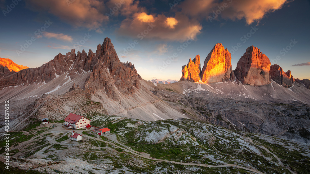 The Three Peaks of Lavaredo. Amazing panorama of Italian Dolomites with famous Three Peaks of Lavaredo (Tre Cime di Lavaredo) South Tyrol, Italy, Europe at summer sunset.