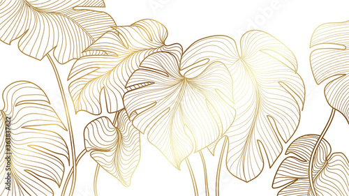 Luxury gold nature background vector. Floral pattern, Golden split-leaf Philodendron plant with monstera plant line arts, Vector illustration.