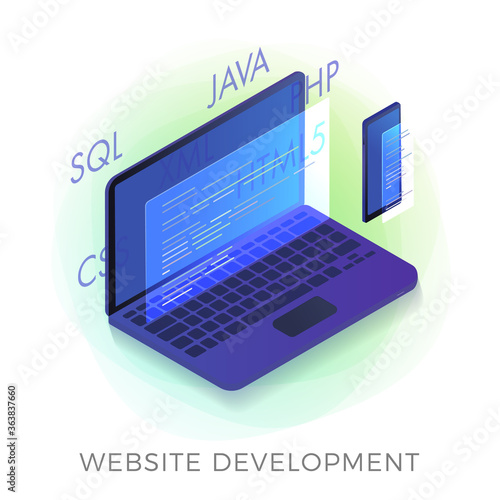 Website development and coding vector icon. Cross platform web page programming. Technology process of Software development. Isometric laptop with code window and text - html, css, java, php, sql © bestforbest