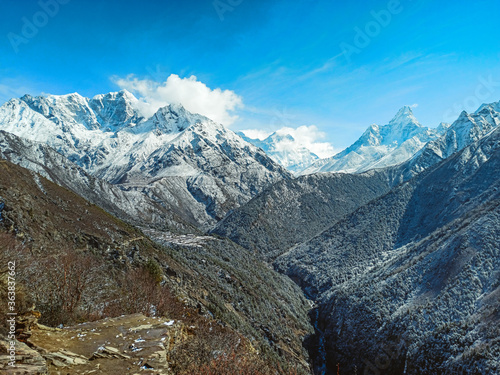 Beautifull Khumbu valley mountains landscape at the Everest Base Camp trek in the Himalaya, Nepal. Himalaya landscape and mountain views.