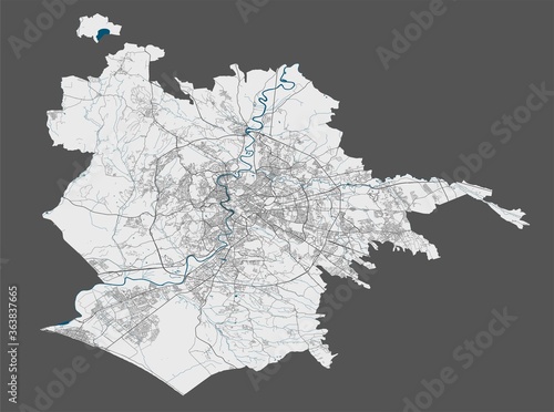 City of Rome map. Detailed map of Rome city poster with streets, water