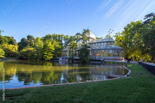 Beautiful view of the Cristal Palace in Retiro Park, Madrid