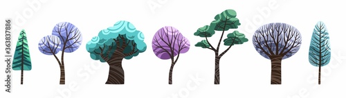 Winter trees isolated on white vector. Old and young, big and small, deciduous and coniferous trees set stock flat illustration, clip art for children's book.