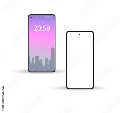 Smartphone modern 2020 realistic 3d style with white blank mockup screen. Vector illustration