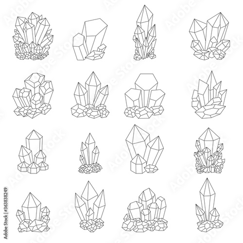 Collection of nand-drawn crystals isolated on white background. Vector illustration