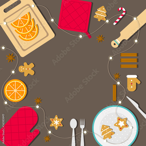 Vector flat illustration concept with copy space in center. Food to cook Christmas dinner. Tasty fragrant gingerbread cookies with cinnamon, oranges  and kitchen tools on table decorated with garland
