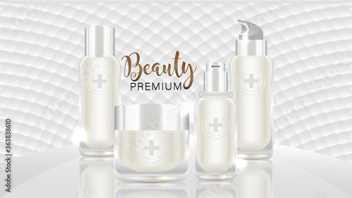 Beauty product ad design, white cosmetic containers with white background ready to use, luxury skin care banner, illustration vector.